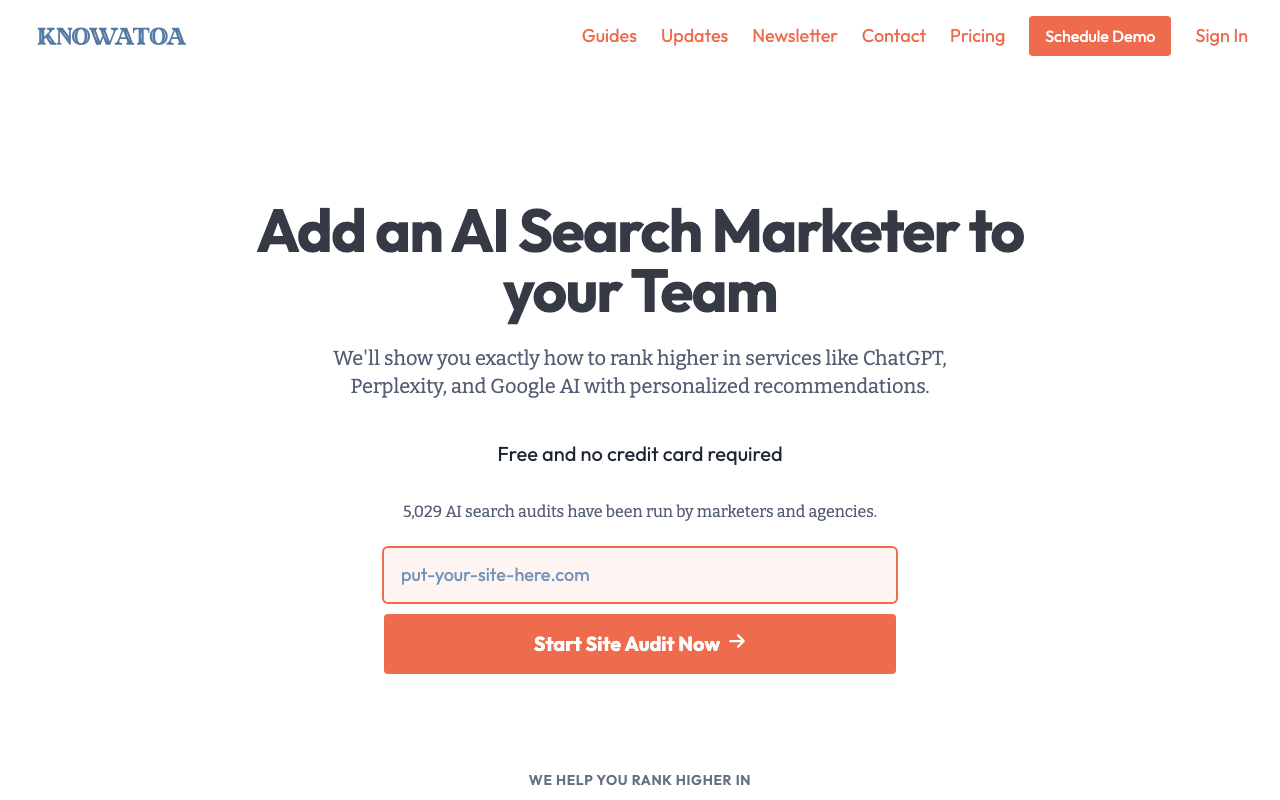 Knowatoa dashboard showing AI visibility tracking with BISCUIT Framework scoring
