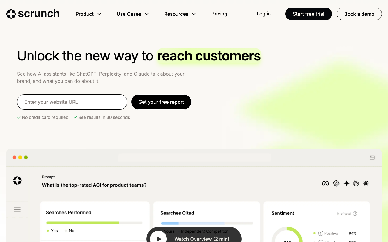 Scrunch AI dashboard showing AI visibility monitoring across 9+ platforms