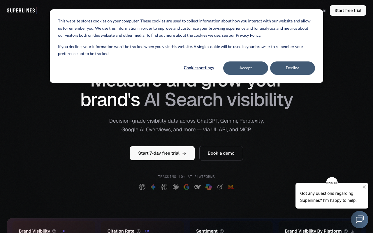 Superlines dashboard showing real live AI interface tracking across 10+ platforms