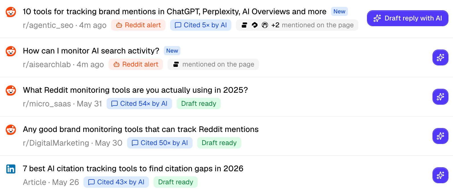 Airefs discussions queue showing threads cited by AI and matched Reddit alerts